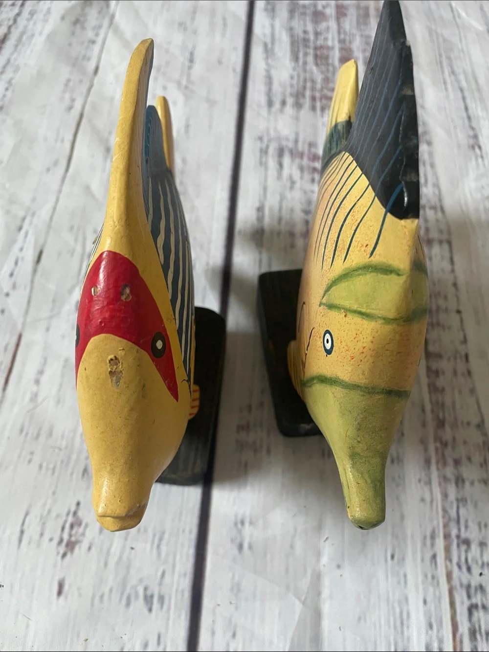 Hand-Painted Yellow & Blue Wooden Fish Figurine Pair - Nautical Accent